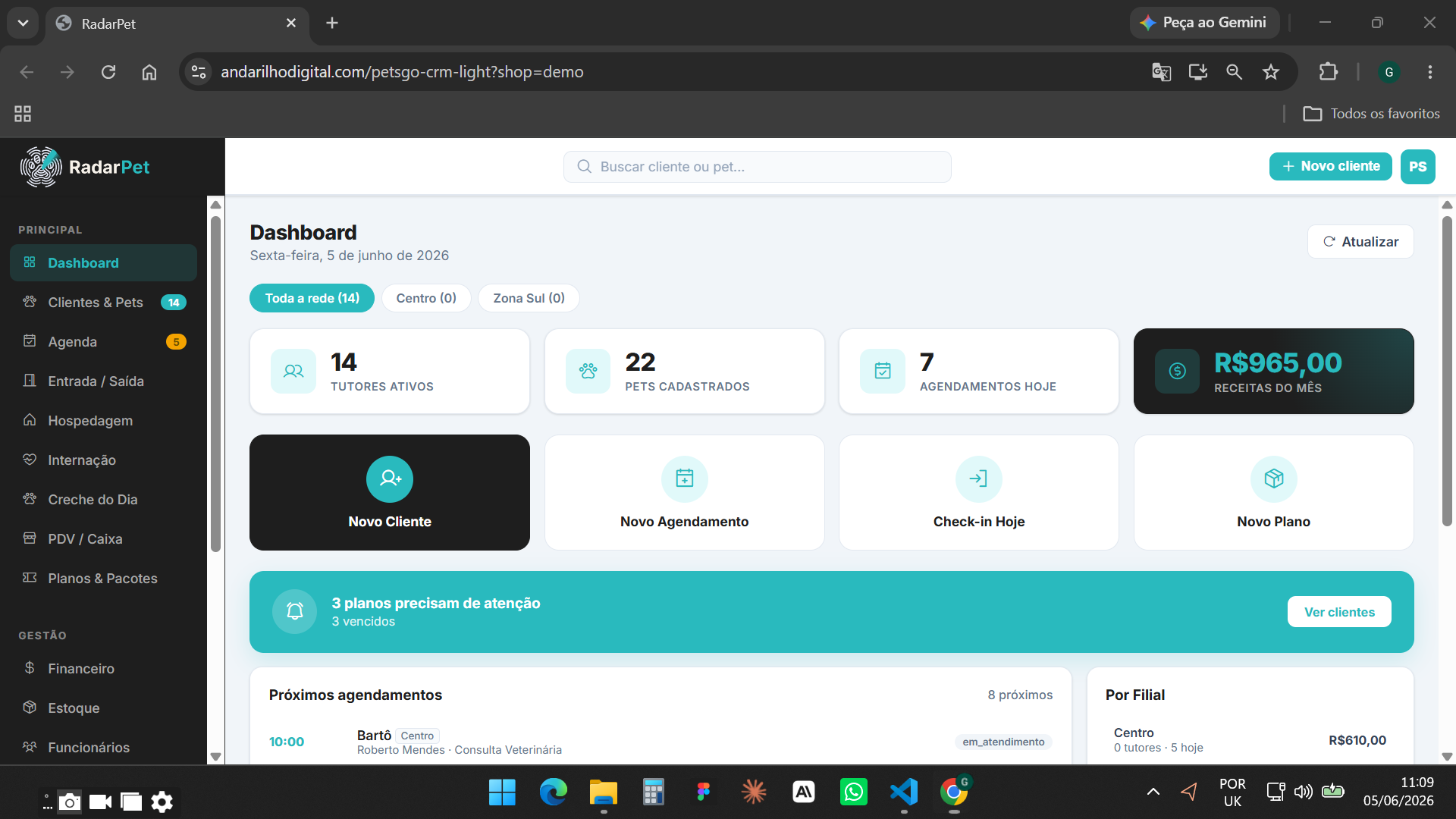Dashboard do RadarPet — tutores ativos, pets cadastrados, agendamentos do dia e receita do mês com atalhos rápidos